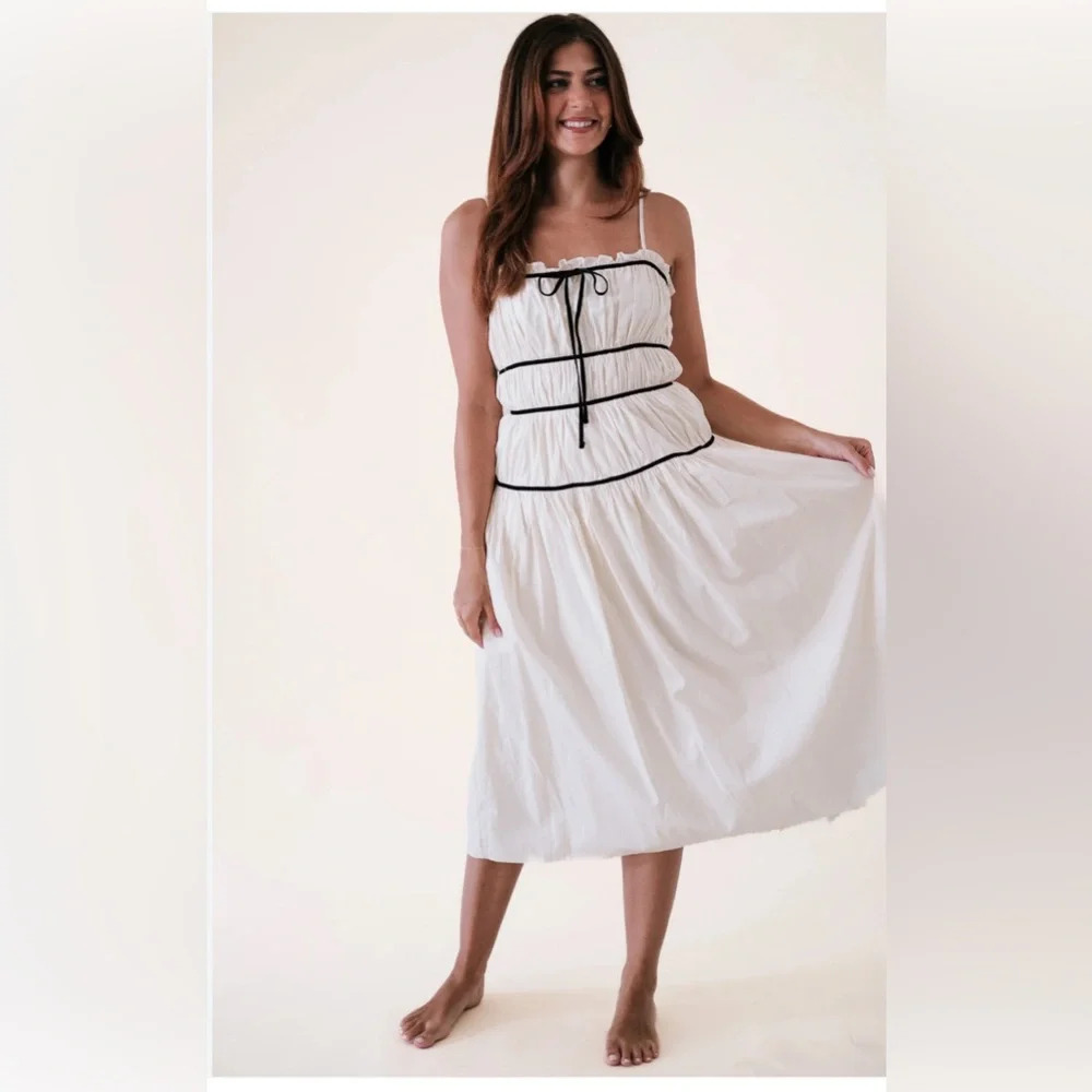 White Midi Sundress with Black Trim - Women's Dress